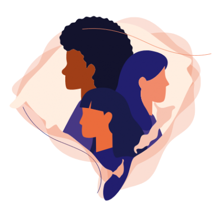 Ilustração de 3 faces de mulheres estilizadas sobre fundo do mapa do estado do Rio Grande do Sul